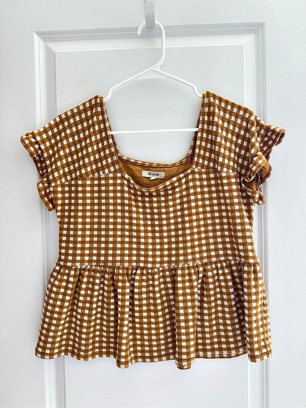 Madewell Gingham Peplum Top Mustard & White Small